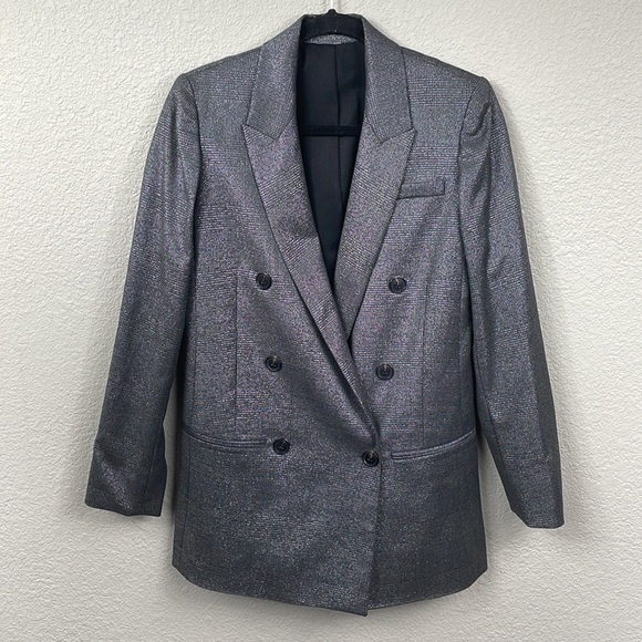 All Saints Isla Shimmer Check Blazer Plaid Black Silver Sparkle Party Sz 4 - Picture 7 of 16